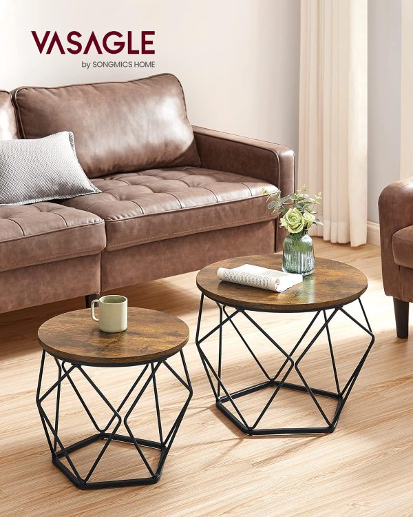 81gmk6WPWPL._AC_SL1500 Small Coffee Table Set of 2, Round Coffee Table with Steel Frame, Side End Table for Living Room, Bedroom, Office, Rustic Brown and Black