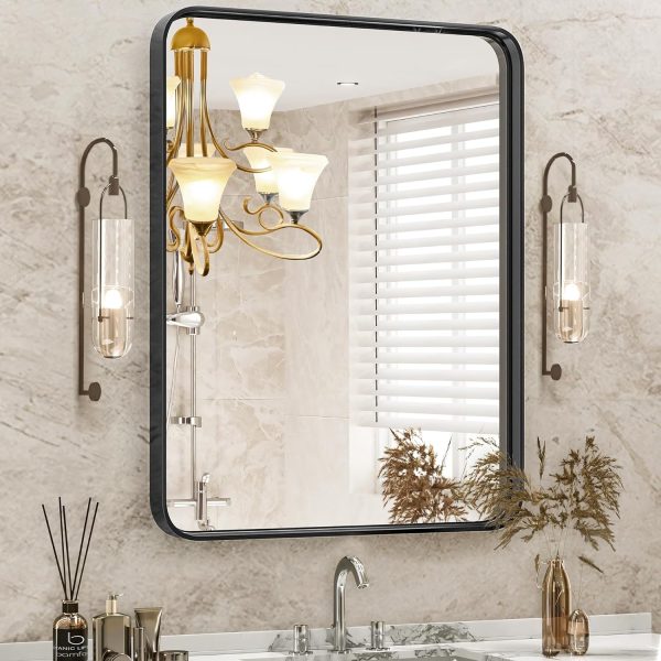81iqPe-4RFL._AC_SL1500 Black Metal Framed Vanity Rounded Rectangle Bathroom Mirrors for Over Sink Wall, 30x22 Inch Matte Large Mirror, Modern Decorative for Restroom, Farmhouse, Horizontally or Vertically Hanging