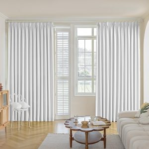 81jPw1DSRaL._AC_SL1500 Pure White Pinch Pleat Curtain 52" W x 63" L Solid Thermal Insulated 50% Blackout Patio Door Curtain Panel Drape for Traverse Rod and Track with Tieback, (One Panel)