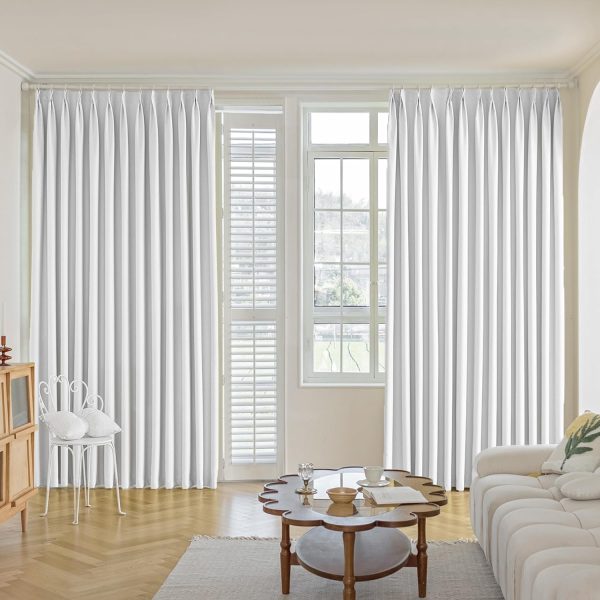 81jPw1DSRaL._AC_SL1500 Pure White Pinch Pleat Curtain 52" W x 63" L Solid Thermal Insulated 50% Blackout Patio Door Curtain Panel Drape for Traverse Rod and Track with Tieback, (One Panel)