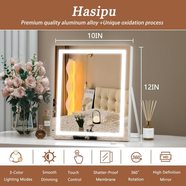 81jVqIzgKrL._AC_SL1500 Vanity Mirror with Lights, 10"×12" LED Makeup Mirror, Lighted Makeup Mirror with Lights, Smart Touch Control Dimmable 3 Modes Light 360°Rotation White