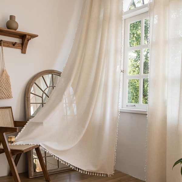 81jZtwK37NL._AC_SL1500 Curtains 63 Inches Long, Bohemian Linen Style Textured Curtains with Tassels for Bedroom, Semi Blackout Farmhouse Drapes, Rod Pocket Window Treatments 2 Panels, 52" x 63", Olive Green