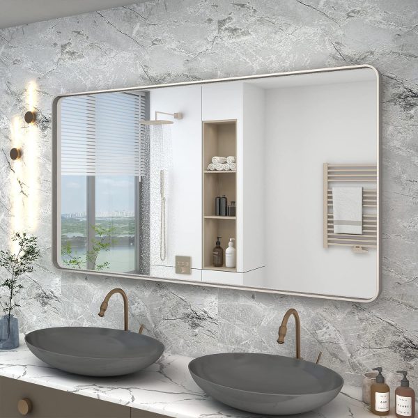 81k5mcN6PgL._AC_SL1500 20x30 Silver Bathroom Mirror, Silver Wall Mirror for Vanity, Brushed Metal Framed Rectangle Mirror, Anti-Rust, Brushed Nickel,Shatterproof, Round Corners(Horizontally/Vertically)