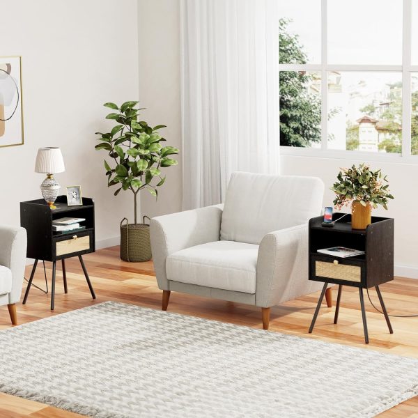Nightstand with Charging Station, Side Table with Rattan-Like Decor Drawer, Rattan End Table with Open Storage, Bedside Table for Bedroom, Study Room, Black BB92UBZ01