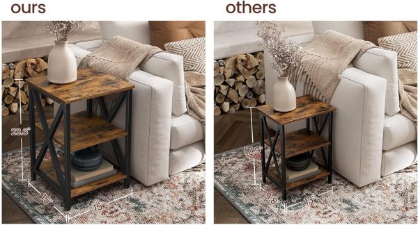 Three-Tier Nightstand with Storage, S-Shaped Steel Frame Coffee Table, Suitable for Living Room and Bedroom, 15.7 x 15.7 x 23.6 inches, Farmhouse Style, Rustic Brown and Black