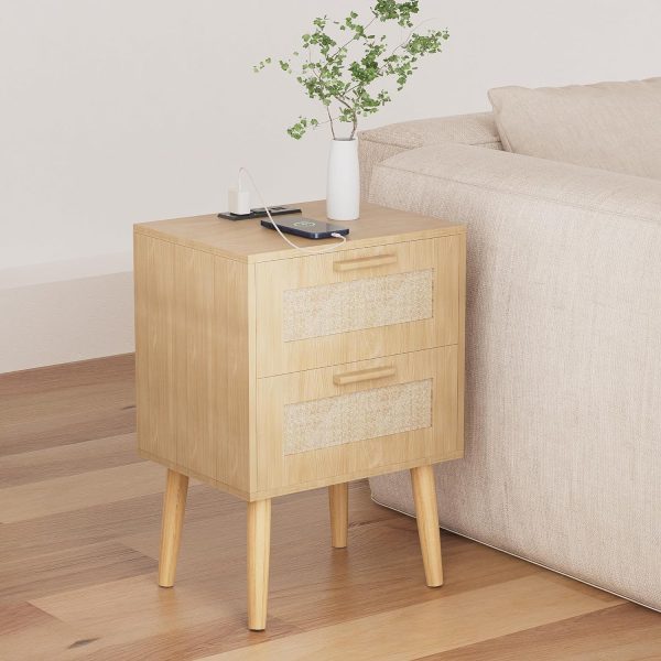 81oRXcG6QoL._AC_SL1500 Nightstand with Charging Station,Rattan Night Stand with Solid Wood Legs, Bedside Table with USB Ports & Outlets Bed Side Table,End Table for Bedroom,Living Room(Nature Wood Color)