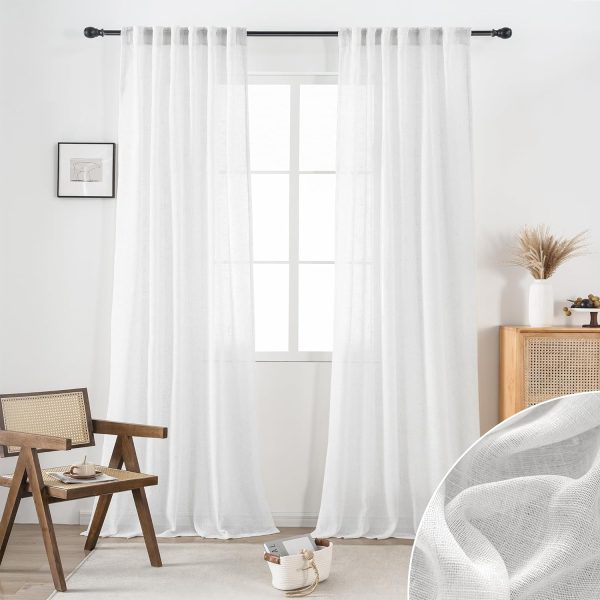 81q0yPsvh4L._AC_SL1500 White Linen Sheer Curtains 96 Inch Length for Extra Wide Windows 84 Inch Width 2 Panel Back Tab Pocket Light Filter Semi Sheer Long Skinny Curtains for Living Room Rustic Farmhouse 8 FT Wide 84 x 96