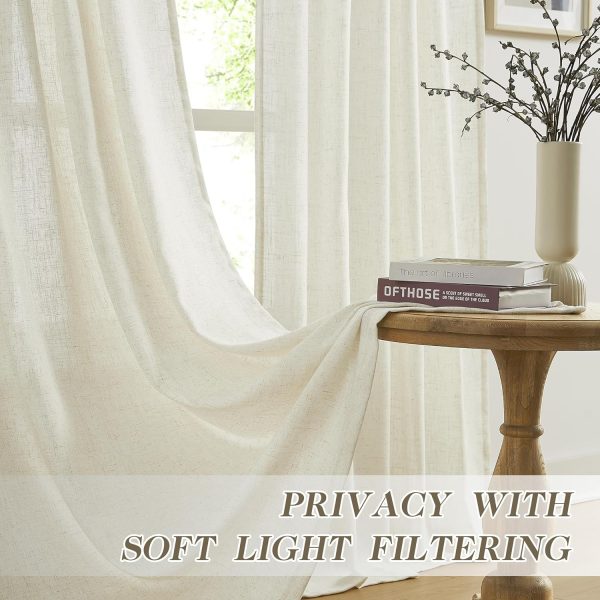 81rkDjNRrlL._AC_SL1500 Pleated Linen Curtains 96 Inches Long for Living Room 2 Panel Set, Semi Sheer Pinch Pleat Back Tab Drapes with Hooks Neutral Boho Light Filtering Curtain for Bedroom Window 8 Ft W38xL96