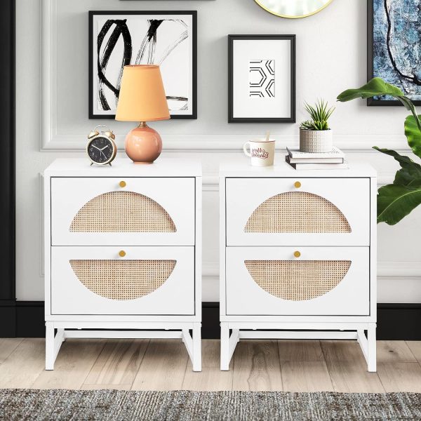 Rattan Nightstand, End Side Table with 2 Rattan Drawers, Wood Square Bedside Table with Storage, Accent Sofa Table for Home Office Living Room Bedroom, White