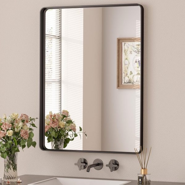 81s3RtAfRUL._AC_SL1500 Black Metal Framed Bathroom Mirrors for Wall, 20 x 30 Inch Rounded Rectangle Bathroom Vanity Mirror, Matte Black Farmhouse Mirror with Seamless Frame, HD Tempered Glass(Horizontal/Vertical)