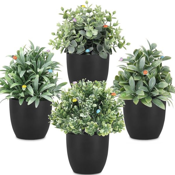 81tAPHT4LsL._AC_SL1500 rtificial Potted Plants Mini Fake Plants in Pots, 4 Pack Medium Eucalyptus Potted Faux Decorative Grass Plant with White Plastic Pot for Home Decor, Indoor, Office, Desk, Table Decoration