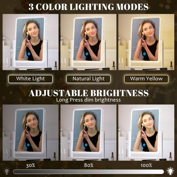 81tqTFhwJBL._AC_SL1500 Vanity Makeup Mirror with Lights, Lighted Make Up Mirror for Desk/Table, Rectangle Light Up Mirror with 3 Color Lighting Modes & Adjustable Brightness 13.6" x 16" (White)