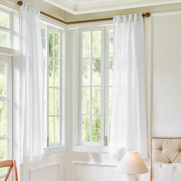 81unB_zT4bL._AC_SL1500 White Linen Sheer Curtains 96 Inch Length for Extra Wide Windows 84 Inch Width 2 Panel Back Tab Pocket Light Filter Semi Sheer Long Skinny Curtains for Living Room Rustic Farmhouse 8 FT Wide 84 x 96