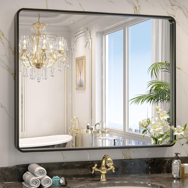 Black Bathroom Mirror for Wall, 20 x 28 Inch Rectangluar Black Metal Framed Mirror, Modern Wall Mounted Vanity Mirror for Bathroom, Vertical or Horizontal