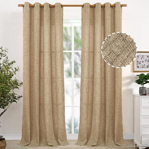 Natural Linen Curtains 63 Inch Length 2 Panels Bronze Grommet Linen Textured Short Window Drapes Light Filtering for Living Room Bedroom, 52 X 63 Inch