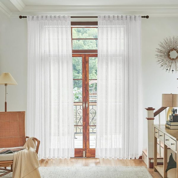 81wIQbTVW2L._AC_SL1500 White Linen Sheer Curtains 96 Inch Length for Extra Wide Windows 84 Inch Width 2 Panel Back Tab Pocket Light Filter Semi Sheer Long Skinny Curtains for Living Room Rustic Farmhouse 8 FT Wide 84 x 96