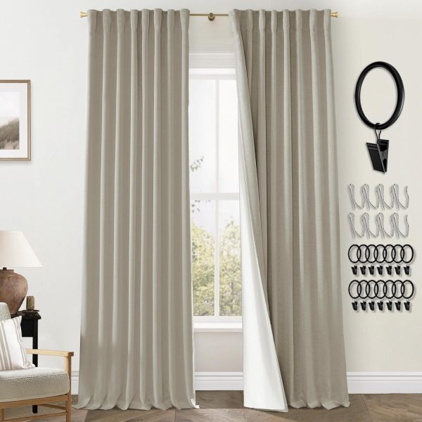 108 Inch Long Blackout Curtains & Drapes for Track System Pleated with Hooks Rings 2 Panels Set,Linen Black Out Back Tab 9FT Ceiling to Floor Length Curtains for Living Room,Cream Ivory