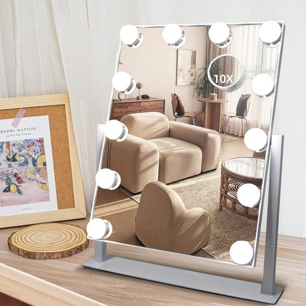 Lighted Makeup Mirror, 14"x 12" Hollywood Vanity Mirror with 9 LED Bulbs, 3 Color Lights, and Detachable 10X Magnification Mirror, 1200mAh Rechargeable, Touch Control, 360°Rotation (White)