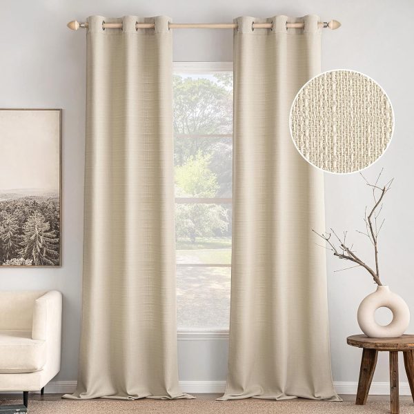 White Faux Linen Textured Curtains 72 Inch Length 2 Panels Set for Living Room Bedroom Privacy Casual Weave Farmhouse Burlap Semi Sheer Grommet Top Light Filtering Window Drapes, W37 x L72