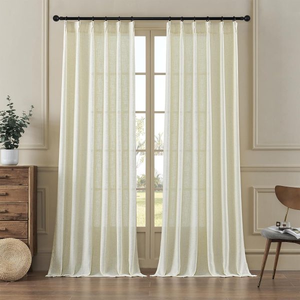 81xrOmyjk0L._AC_SL1500 Pleated Linen Curtains 96 Inches Long for Living Room 2 Panel Set, Semi Sheer Pinch Pleat Back Tab Drapes with Hooks Neutral Boho Light Filtering Curtain for Bedroom Window 8 Ft W38xL96