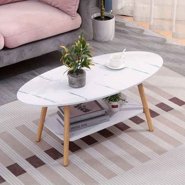 887a9030-a8ff-4d9c-a03f-c56bd8b711d0-1 Modern Coffee Table Oval White Marble Effect, 2 Tier Cocktail Table Sofa Table with Storage Wood Legs