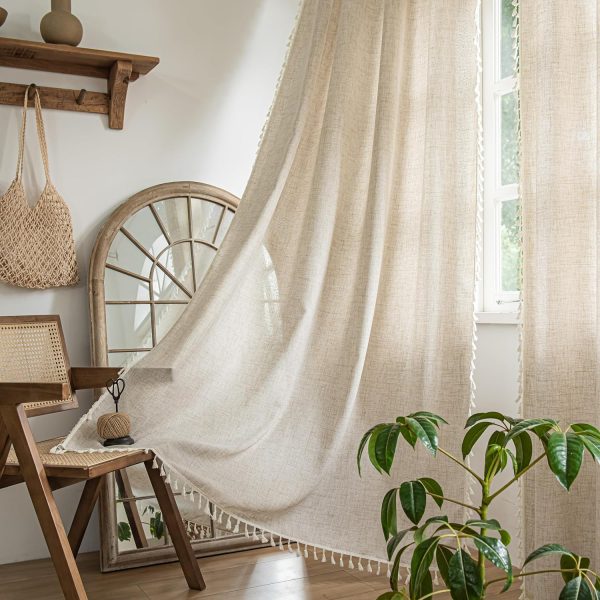 913Zjjm3IlL._AC_SL1500 Curtains 63 Inches Long, Bohemian Linen Style Textured Curtains with Tassels for Bedroom, Semi Blackout Farmhouse Drapes, Rod Pocket Window Treatments 2 Panels, 52" x 63", Olive Green