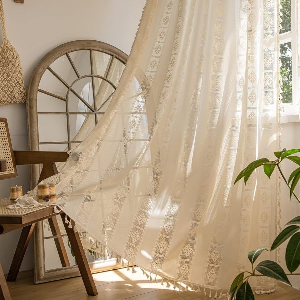 914VlawCfmL._AC_SL1500 Curtains 63 Inches Long, Bohemian Linen Style Textured Curtains with Tassels for Bedroom, Semi Blackout Farmhouse Drapes, Rod Pocket Window Treatments 2 Panels, 52" x 63", Olive Green