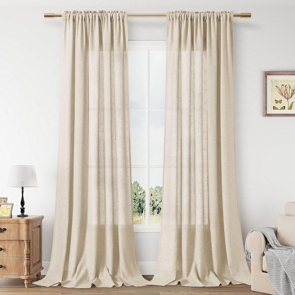 Linen Curtains 108 Inch Length for Living Room Bedroom 2 Panels Set Rod Pocket Light Filtering Semi Sheer Window Curtains 40 Inch Width Boho Farmhouse Linen Drapes Flax Beige Linen, W40xL108