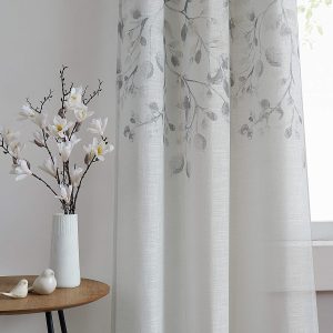 91LaX3xoBQL._AC_SL1500 Gray Tan Leaf Floral Print Metallic Sheer Curtain Panels for Autumn Fall Rustic Living Room Bedroom Sparkling Decorative Grommet Top Window Treatment Farmhouse Drape, 40"x84"x2