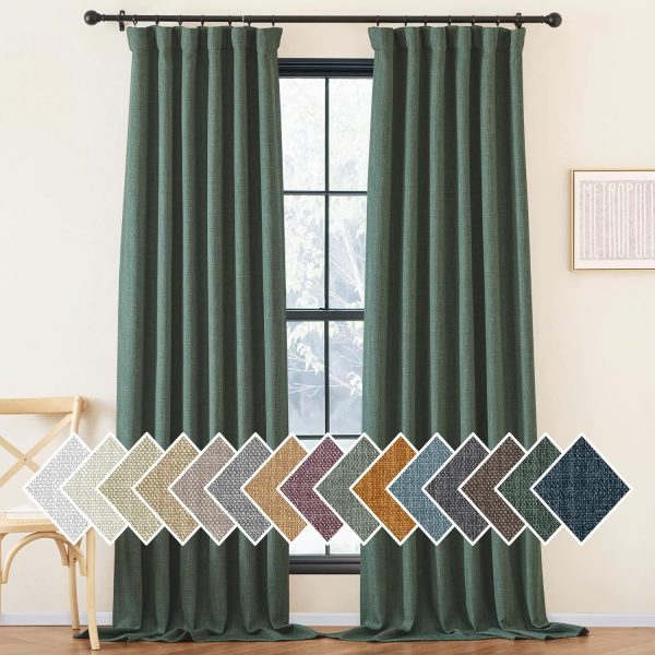 Faux Linen Curtains 90 inches Long for Doorway, Pinch Pleated Thick Room Darkening Window Treatments Noise Reducing Privacy for Living Room/Bedroom, Natural, W34 x L90, 2 Panels