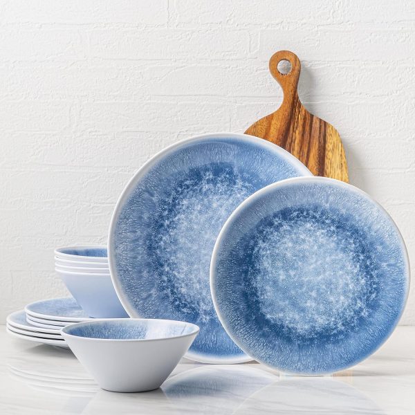12 Piece Melamine Dinnerware Set - Durable, Dishwasher Safe Plates and Bowls - Casual Dining, Parties, Blue Dish Set Organica Blue Collection