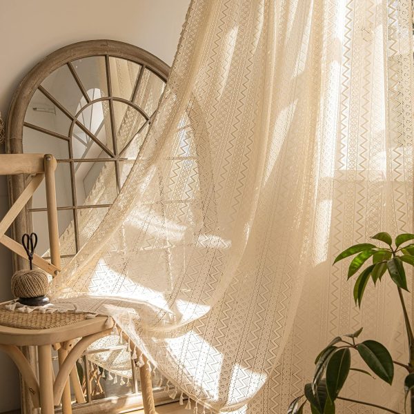 91fVLvLtsML._AC_SL1500 Curtains 63 Inches Long, Bohemian Linen Style Textured Curtains with Tassels for Bedroom, Semi Blackout Farmhouse Drapes, Rod Pocket Window Treatments 2 Panels, 52" x 63", Olive Green