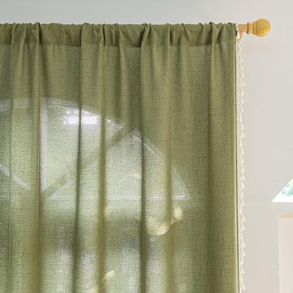 91ozIc9znVL._AC_SL1500 Curtains 63 Inches Long, Bohemian Linen Style Textured Curtains with Tassels for Bedroom, Semi Blackout Farmhouse Drapes, Rod Pocket Window Treatments 2 Panels, 52" x 63", Olive Green