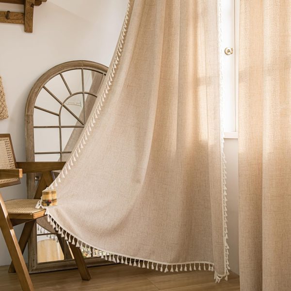 91qQbnt0goL._AC_SL1500 Curtains 63 Inches Long, Bohemian Linen Style Textured Curtains with Tassels for Bedroom, Semi Blackout Farmhouse Drapes, Rod Pocket Window Treatments 2 Panels, 52" x 63", Olive Green