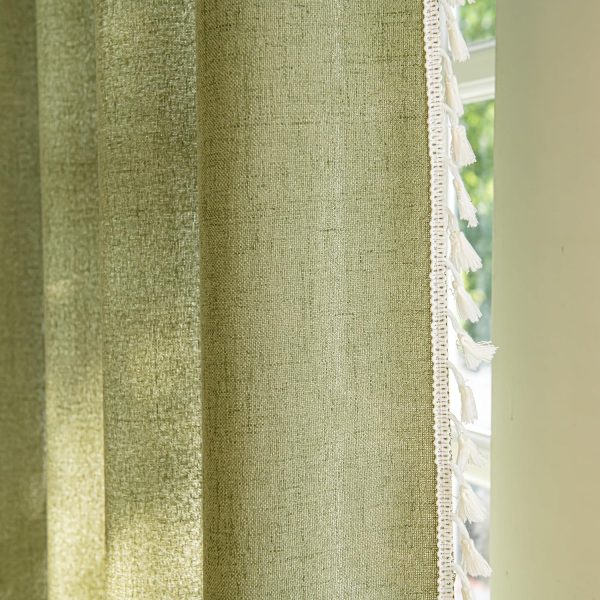 91rfzYODVwL._AC_SL1500 Curtains 63 Inches Long, Bohemian Linen Style Textured Curtains with Tassels for Bedroom, Semi Blackout Farmhouse Drapes, Rod Pocket Window Treatments 2 Panels, 52" x 63", Olive Green
