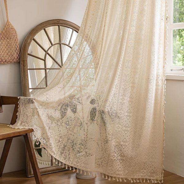 A1275w6RE3L._AC_SL1500 Curtains 63 Inches Long, Bohemian Linen Style Textured Curtains with Tassels for Bedroom, Semi Blackout Farmhouse Drapes, Rod Pocket Window Treatments 2 Panels, 52" x 63", Olive Green