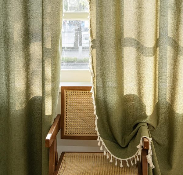 A1S69O8Tr6L._AC_SL1500 Curtains 63 Inches Long, Bohemian Linen Style Textured Curtains with Tassels for Bedroom, Semi Blackout Farmhouse Drapes, Rod Pocket Window Treatments 2 Panels, 52" x 63", Olive Green
