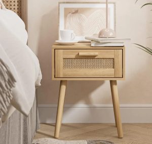 Bedroom Nightstands Wooden Night Stands with Rattan Weaving Drawer Home Bedside End Table for  Storage