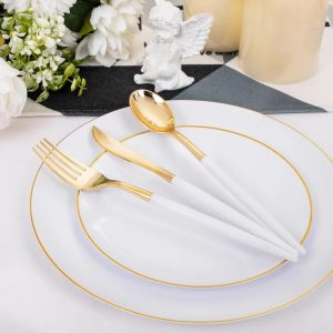 DaYammi-30-Guests-Gold-Plastic-Plates-with-Disposable-Silverware-Gold-Cutlery-with-White-Handle Gold Plastic Plates with Disposable Silverware, Gold Cutlery with White Handle
