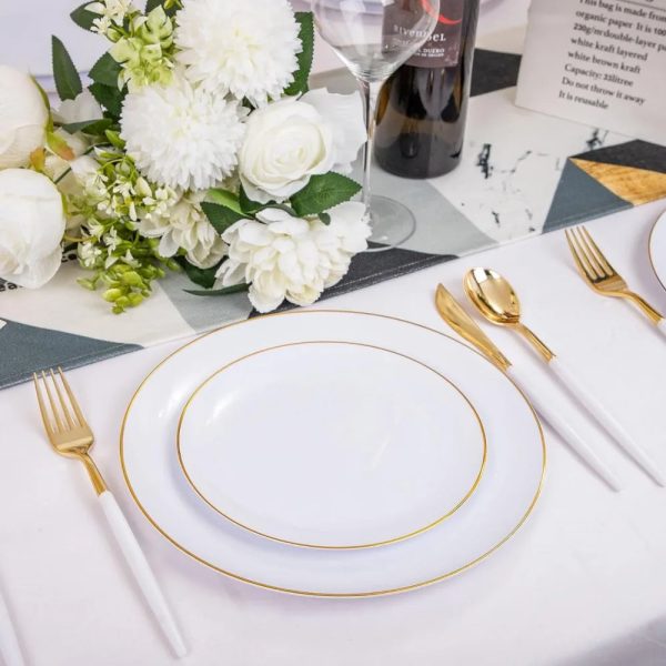 Gold Plastic Plates with Disposable Silverware, Gold Cutlery with White Handle