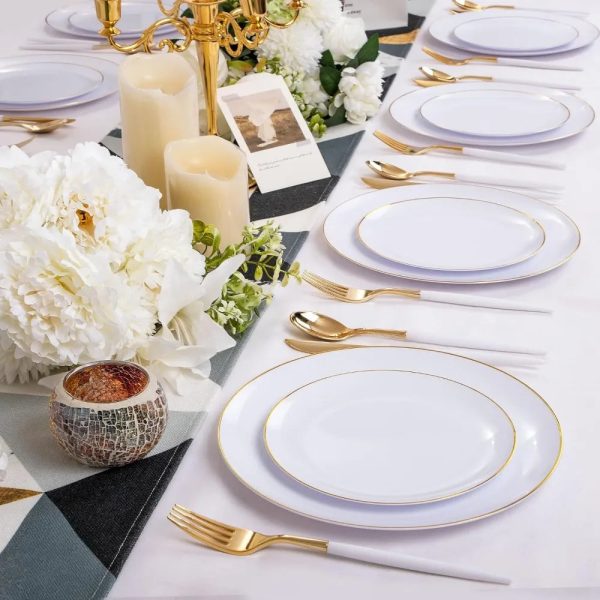 Gold Plastic Plates with Disposable Silverware, Gold Cutlery with White Handle