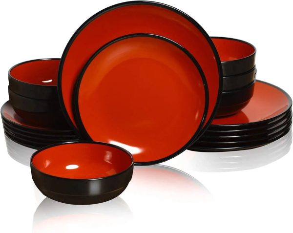 Dinnerware Sets Service for 6, Melamine Dinner Plates and Bowls Set, 18-Piece Dishes Set (Red & Black)