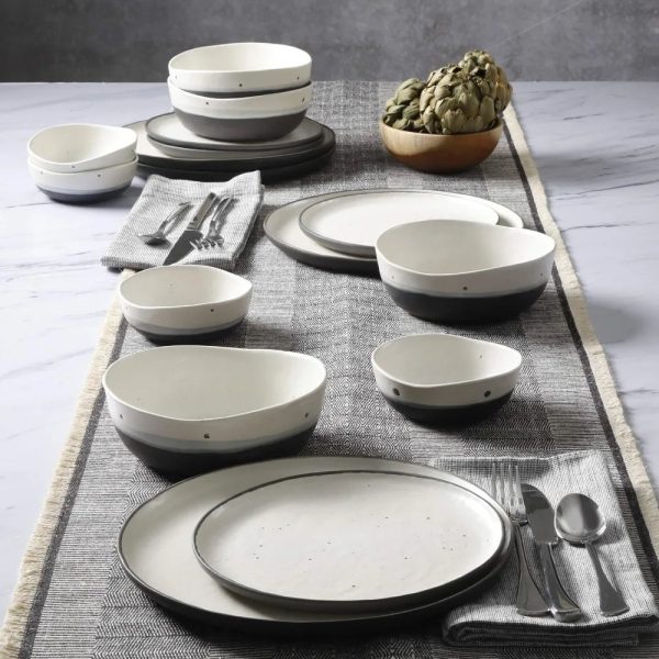 Double Bowl Dinnerware Set, Service for 4 (16pcs), White and Black