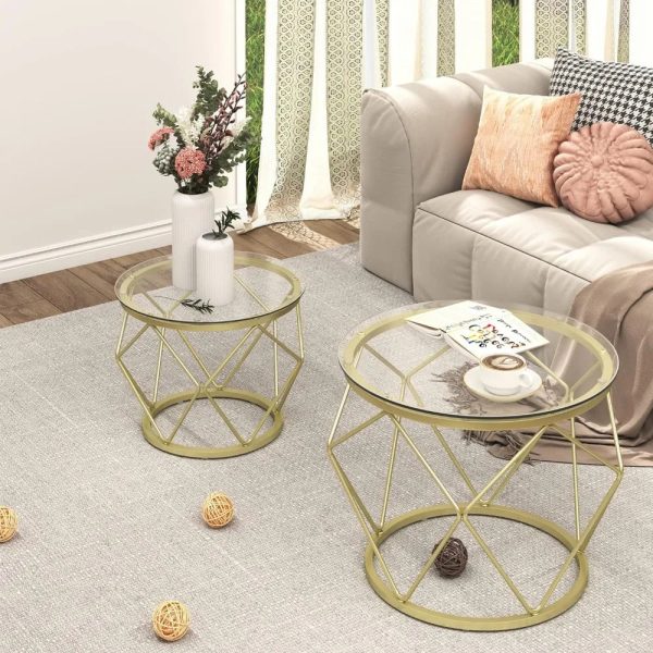 Gold-Coffee-Table-Round-End-Table-Set-of-2-Coffee-Table-with-Metal-Frame-and-Tempered_7c4a22c1-9b67-462d-a77e-6ce792bf390f Gold Coffee Table, Round End Table Set of 2, Coffee Table with Metal Frame and Tempered Glass Top, Modern Accent Side Table