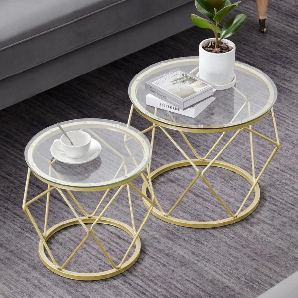 Gold-Coffee-Table-Round-End-Table-Set-of-2-Coffee-Table-with-Metal-Frame-and-Tempered_840c4b03-6e6a-4a83-aaf4-4e1a5bf52875 Gold Coffee Table, Round End Table Set of 2, Coffee Table with Metal Frame and Tempered Glass Top, Modern Accent Side Table