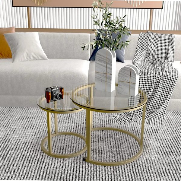 Gold-Nesting-Coffee-Table-Set-of-2-Small-Glass-Round-Nesting-Tables-for-Living-Room-Bedroom Gold Nesting Coffee Table Set of 2, Small Glass Round Nesting Tables for Living Room Bedroom, Accent Tea Table with Metal Frame