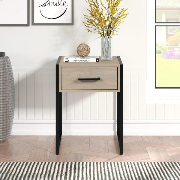 Industrial Bedroom Nightstand, 1 Drawer, Beige Oak