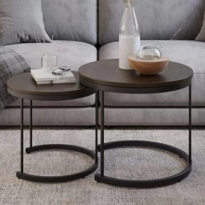 Industrial Woodgrain Round Coffee Table Set Nesting End Tables Living Room Office Craft Display Snack Plate Spot Brown Walnut