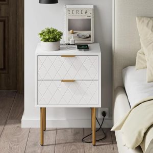 Masupu-Nightstand-Mid-Century-Modern-Bedside-Table-with-2-Storage-Drawer-Small-Gold-Frame-Side-End Nightstand,Mid-Century Modern Bedside Table with 2 Storage Drawer,Small Gold Frame Side End Table for Bedroom,Living Room