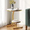 Modern 2-Tier Round End Table with Storage Shelf Faux Marble Top Gold C-Shaped Legs Sofa Side Table